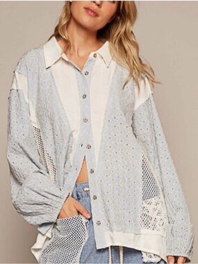 🆕 POL Mixed Material Eyelet Large Mesh Panels Button Up Sz. Large